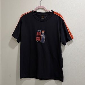 UNISEX Black T-Shirt with Red and Orange Stripes